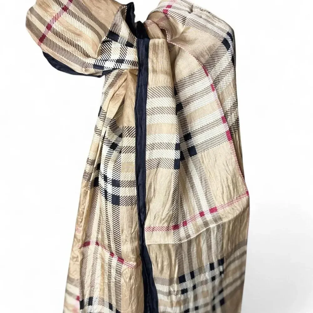 Vintage House Check Silk Blend Lightweight Scarf Beige Plaid. No tags